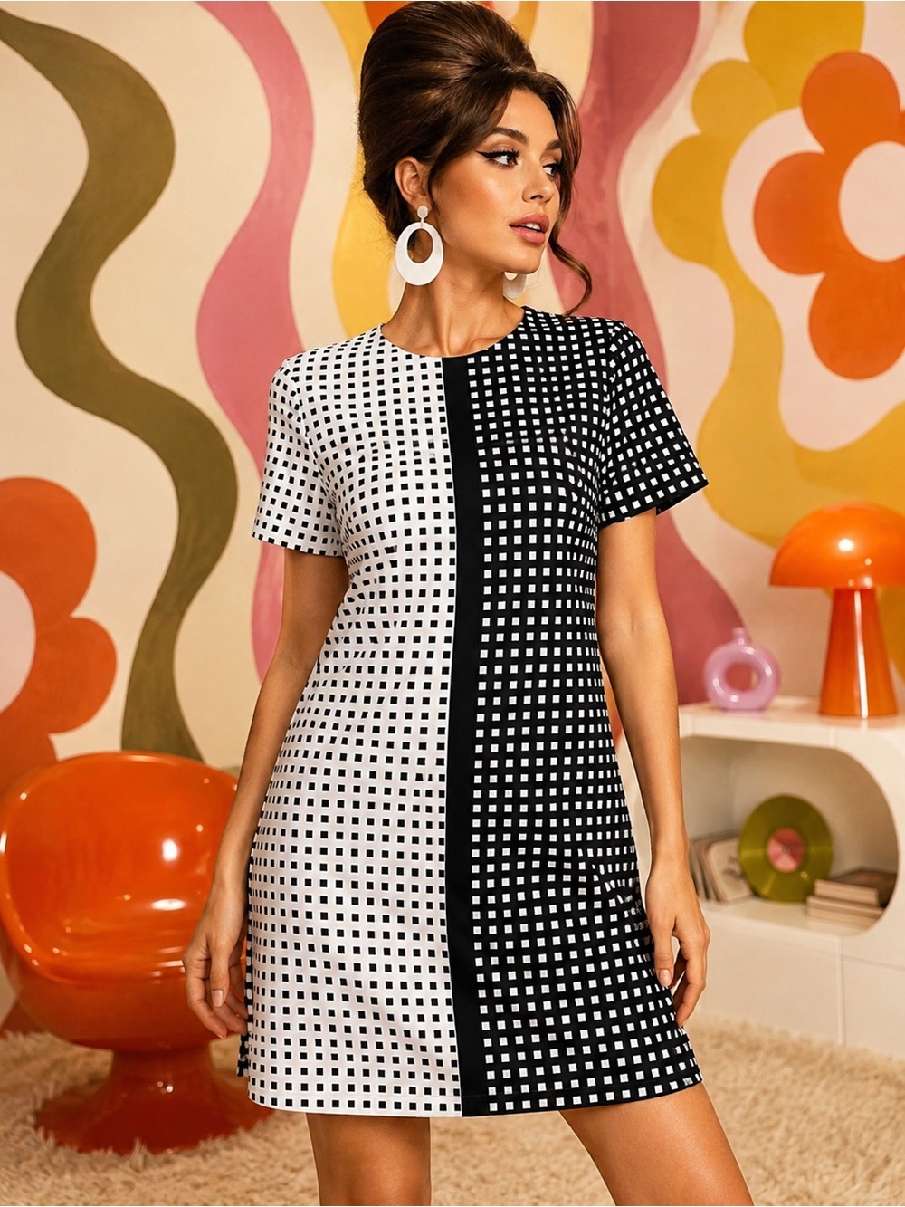 Monochrome Split Gingham A-Line Dress - Black & White